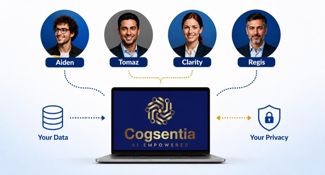 Aiden, Tomaz, Clarity, and Regis connected to the Cogsentia platform